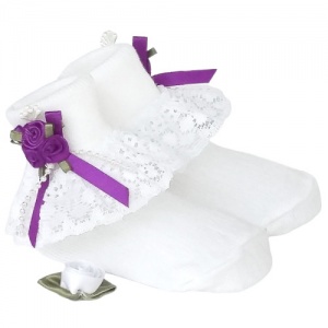 Girls White Lace Socks with Purple Rosebud Cluster